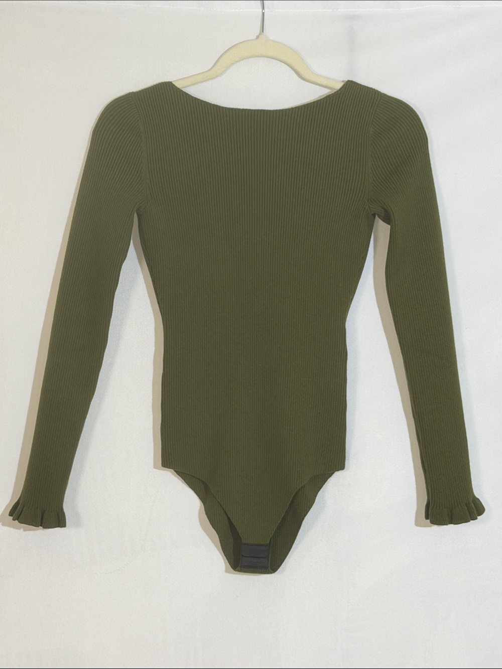 Sezane Paris Joanie Ribbed Long Sleeve bodysuit Size XS Olive Green EUC